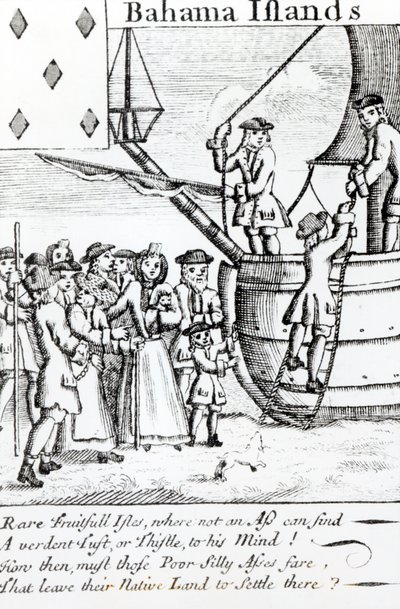 Carta da gioco raffigurante immigrati che arrivano alle Isole Bahamas da English School